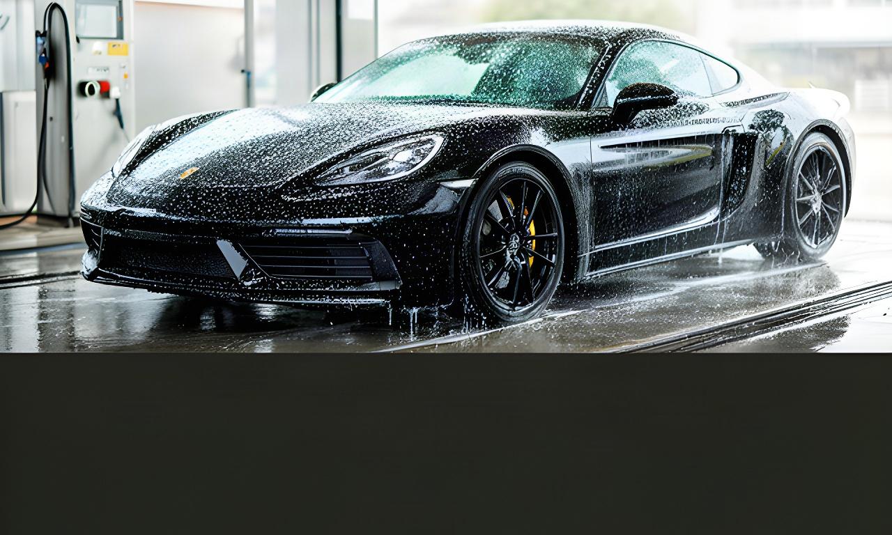 Coche deportivo negro con gotas de agua brillantes tras un lavado automático en Sagunto
